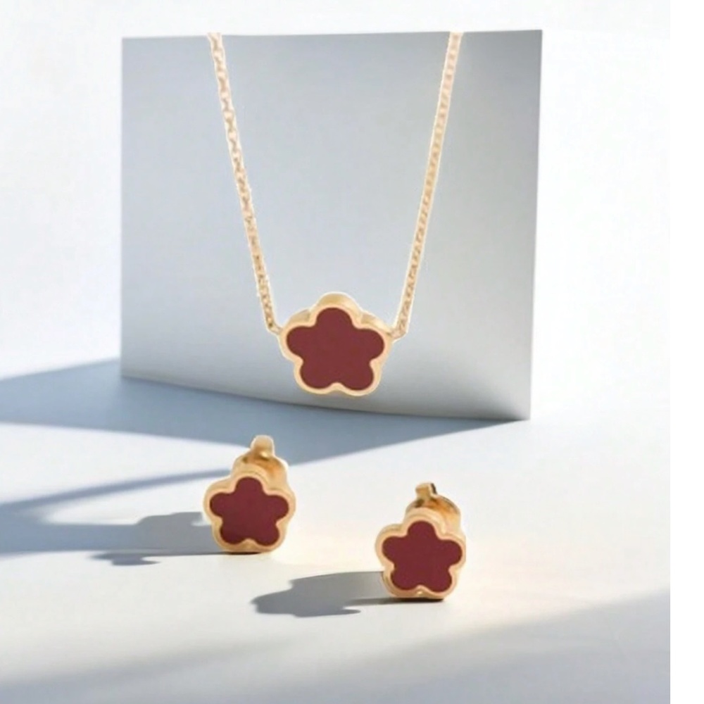 Floral Necklace Earrings Gold Tone Titanium Steel set - Picture 2 of 7